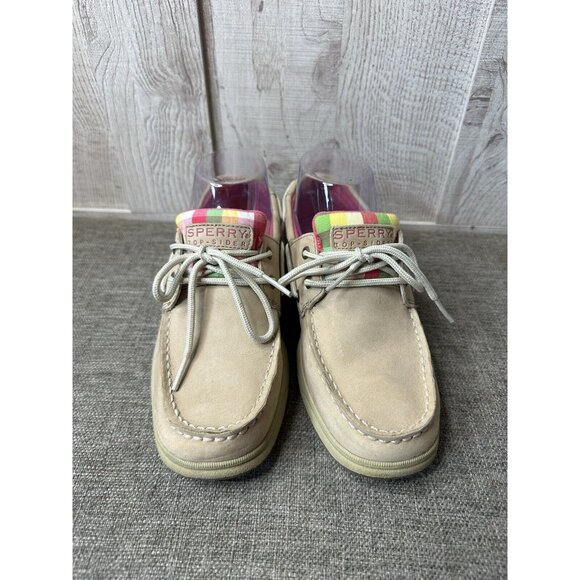 Girls Sperry Top Sider Boat Shoes Size 4M Intrepid Tan Leather Pink Green Plaid - Picture 5 of 7